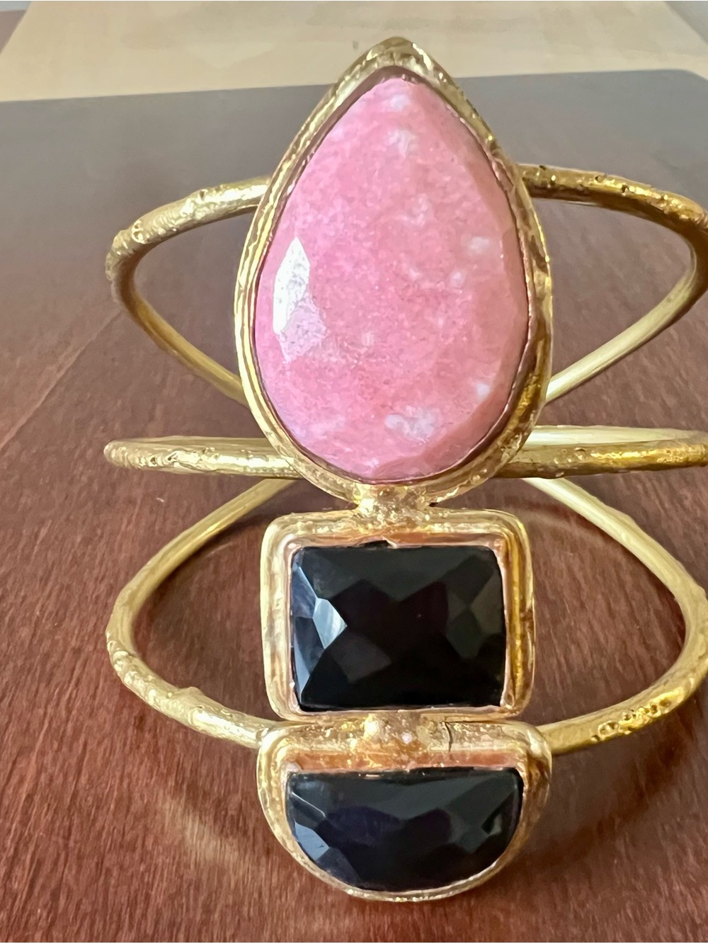 Gold Cuff hammered Bracelet with Pink and Black Stones, made in India